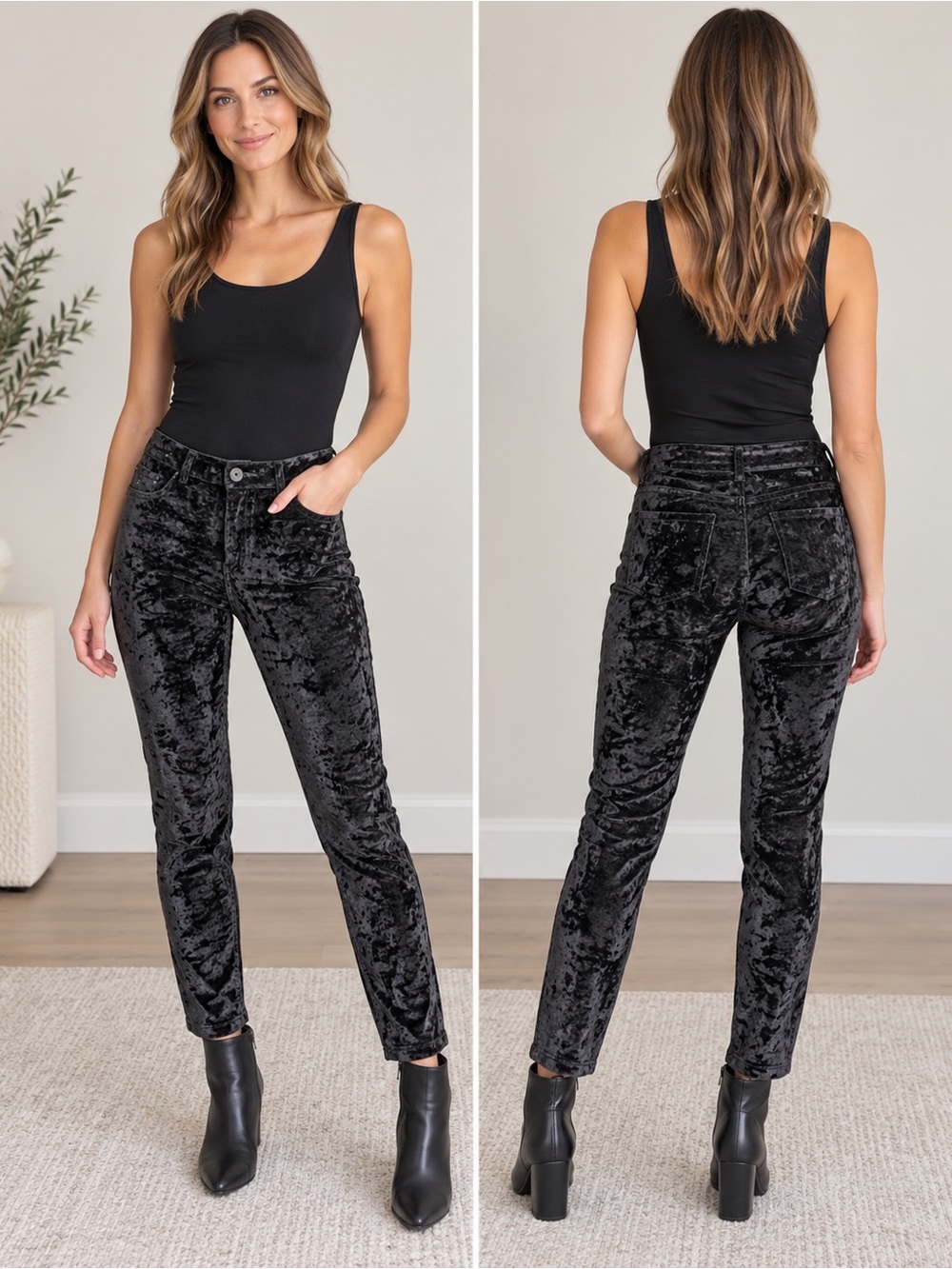 HUE Black Crushed Velvet Stretch Pants Size M Skinny Pull-On Style